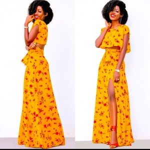 FLORAL CROP TOP AND HIGH WAIST SKIRT WITH FRONT SLIT COLOR MARIGOLD
